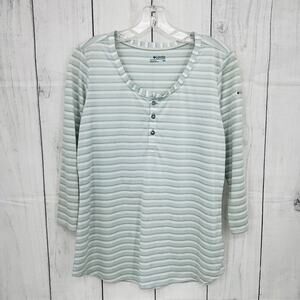 Columbia MEDIUM Henley Tee Shirt womens gray striped sheer 3/4 sleeve